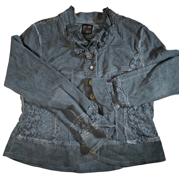Yest Denim Jacket Lace Detail Ruffle Collar Button Up Blue Jean Coat Size 8-10 - Picture 1 of 14
